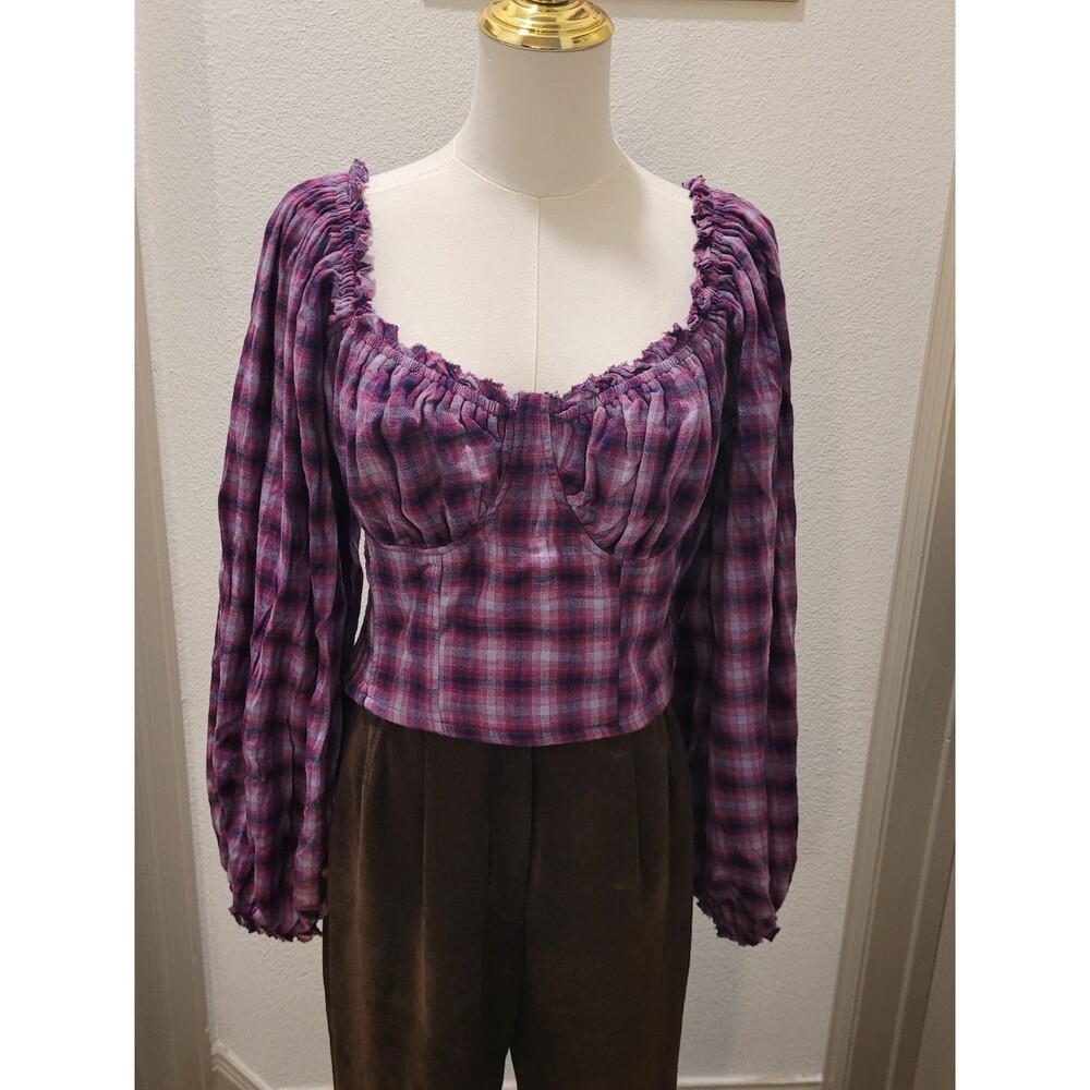 Free People Purple Plaid Smocked Cottagecore Balloon Sleeve Top Large Whimsigoth